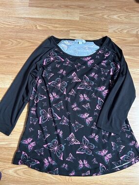 Black Butterfly Print Henley Top.
